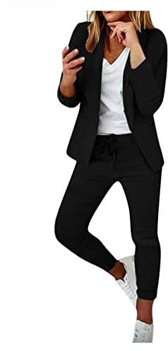 Hosenanzug Damen Elegant Business Anzug Set 2-teilig Blazer Hose Karo Kariert Zweiteiler Slimfit Streetwear Festlich Sportlich (Schwarz, XS)