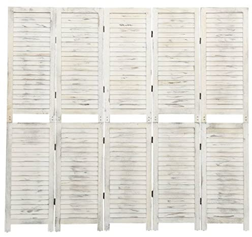 5-teiliger Paravent Raumteiler Trennwand Balkon Sichtschutz Faltbarer Raumtrenner aus Sperrholz und Holz, spanische Wand Wandschirme für Wohnung Wohnzimmer Badmöbel, Antik-Weiß 178,5x166 cm