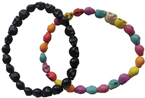 UQUABESO 2 Stück schwarzes, buntes Totenkopf-Armband für Männer und Frauen, Retro-Vintage-Stil, natürlicher Lavastein, Skelett-Perlen, Armband für Sie und Ihn, elastische Paar-Armbänder,