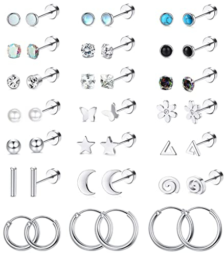 FIOROYAL 21Pairs Flat Back Earrings Surgical Stainless Steel silver Stud Hoop Earrings Set for Women Hypoallergenic Cartilage Helix CZ Opal Star Moon 20G Small Stud Earring Piercing Jewellery Silver