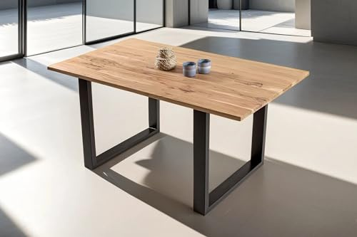 SAM Esstisch 180x90 cm Porto, Akazienholz massiv + naturfarben, Esszimmertisch mit gerader Kante, Holztisch mit schwarzem U-Gestell, Industrial-Design, Tischplatte 26 mm
