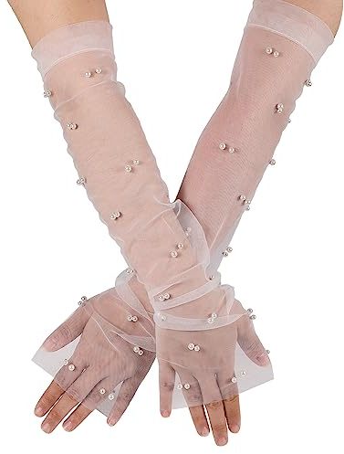 LUTER 18-Inch Pearl Fingerless Tulle Gloves for Women - Bridal Long Gloves for Opera, Halloween Costume Party, Dance (White)
