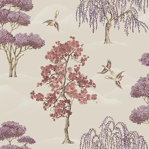 SOPHIE LAURENCE Mauve Beige Lavender Willow Woodland Wallpaper - Birds Trees Forest Vintage - Thick Solid Heavy Duty Textured Wallpaper