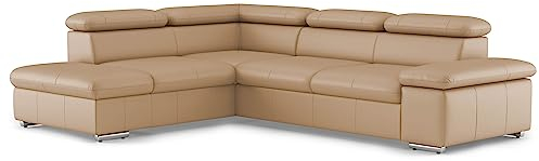 CAVADORE Echtleder-Schlafcouch Valerie mit Ottomane / Ecksofa mit Bettfunktion + Kopfteilverstellung / 272 x 73 x 226 / Leder Beige