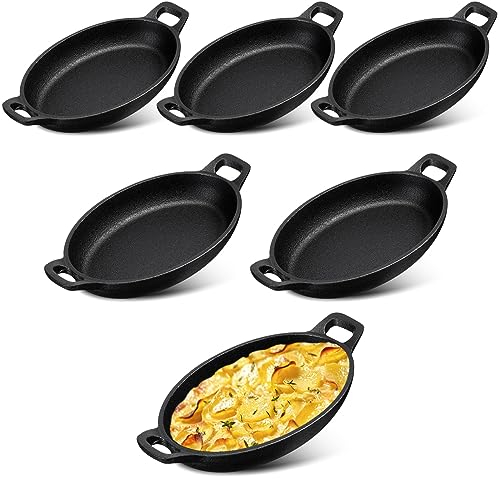 Mifoci Confezione da 6 mini padelle per fajita in ghisa, 18 x 11,9 cm, ovali, per bistecca frizzante, set di pirottini neri, per fornelli, forno, grill, ristorante, cucina, interni ed esterni, picnic
