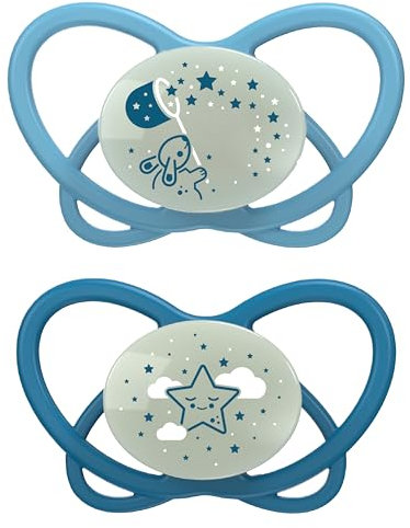 nip - Butterfly Night | 0-6 Monate | 2er Pack | Stillfreundlicher, zahnfreundlicher Babyschnuller mit Leuchtknopf inkl. Schnullerbox. Nachhaltiger Schnuller mit weichem Silikonsauger, Hellblau/Blau
