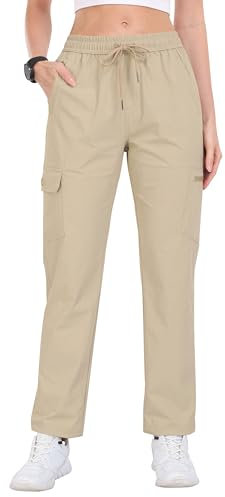 AjezMax Damen Outdoor Hosen Wanderhose Trekkinghose Wasserdicht Winddicht Workout Sporthose Freizeithose Outdoorhose Cargohose Sonnenschutz UPF 50+ Khaki-lang S