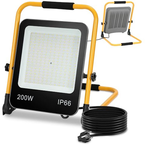 Lospitch LED Projecteur de chantier 200W, Projecteur de travail 6000k Blanc froid, 18000LM Lampe de construction, Lampe de travail, Etanche IP66, pour l'atelier, le garage (câble 3M avec prise)