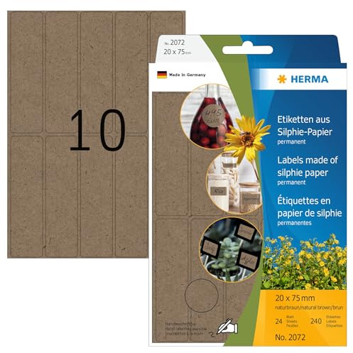 HERMA 2072 Vielzweck-Etiketten aus Graspapier, 24 Blatt, 20 x 75 mm, 10 Stück pro Bogen, 240 Aufkleber, selbstklebend, Haushaltsetiketten zum Beschriften, Silphie-Papier Klebeetiketten, natur-braun