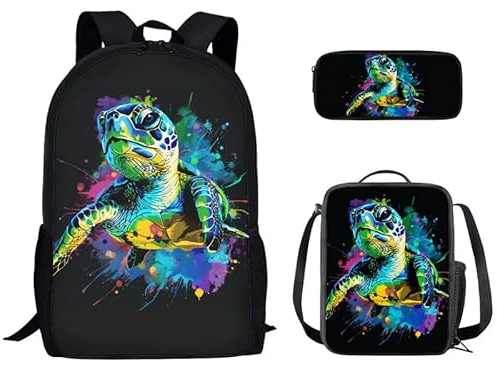 Kuiaobaty Schulrucksack für Kinder, 3 Stück, für Mädchen und Jungen, Dinosaurier, Fußball, Wolf, Pferd, Schultertaschen, Teenager, Studenten, Lunch-Tasche, Federmäppchen, Schildkröte in Spritzfarbe,