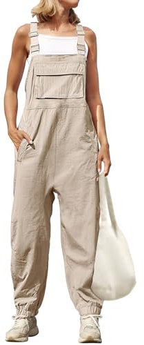 shownicer Salopette Donna Jumpsuit Estiva Tuta Senza Maniche Casual Gamba Larga Pantaloni Baggy Salopette Larga Overall Con Tasca A Beige L
