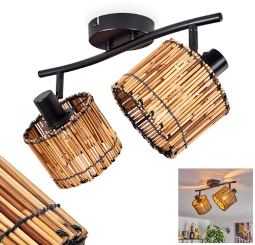 HOFSTEIN Deckenleuchte Cando, moderne Deckenlampe aus Metall/Holz in Schwarz/Natur, 2-flammig, mit verstellbaren Strahlern, Leuchte im Boho-Design mit Lichteffekt, 2 x E14, ohne Leuchtmittel