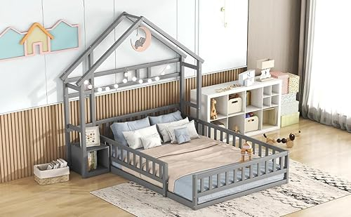 WIZBED Kinderbett Hausbett 140x200 mit Nachttischen und Rausfallschutz Bodenbett Bett Flachbetten für Jungen & Mädchen, ohne Matratze