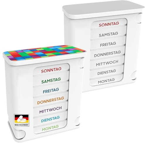 Kerpers® Tablettenbox 7 Tage | MADE IN GERMANY | Pillendose mit 4 Fächer - morgens mittags abends nachts | Medikamentenbox für Tabletten und Supplements (2 Stück Weiß/Bunt)