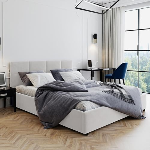 Polsterbett 140x200 und 160x200 cm mit Stauraum und Lattenrost aus Metall Doppelbett mit Hydraulischem Bettkasten Gepolstertes Bett Bed Stauraumbett Stabiler Bettrahmen | 160x200 cm Samt beige