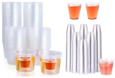 HOT BARGAINS 100 X Disposable Jager Bomb Shot Glasses + 100 X 2cl Shot Glasses Clear Heavy Duty Reusable Plastic CE Marked Glasses
