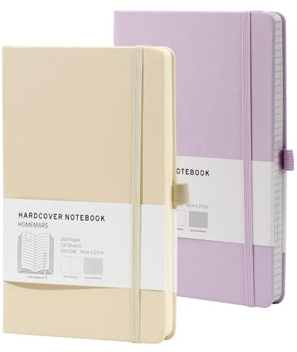 HOMEMARS Taccuino, Journal, Taccuino Puntinato A5, Quadernino, Taccuino Puntinato A5, Bullet Dotted Journal Puntinato 200 pagine, 100GSM, Copertina Rigida, Portapenne, Segnalibri, Avorio Viola