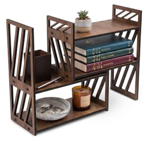 vigowood Expandable Desktop Bookshelf, Sliding Wooden Desk Organizer and Decorative Display Shelf (Walnut)