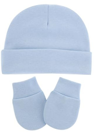 AMateschitz Mütze und Handschuhe Set Baby Babymütze und Fäustlinge Einfarbige Strickmützen mit Handschuhen und Fußdecke Neugeborene Wintermütze Beanie Infant Hellblau-2 Set Einheitsgröße