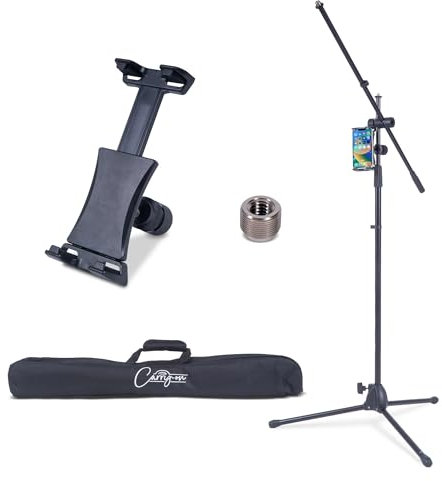 Carry-on Folding Microphone Stand with Phone or Tablet Holder, Heavy Duty Collapsible Tripod Stand, Storage Bag Included, Adjustable, Perfect for Performance