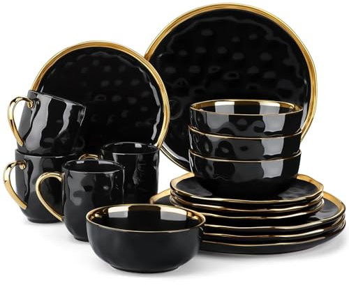 WLIHDB Vajilla Juego de vajilla de Porcelana Negra de 16 Piezas con Borde Dorado, Plato de Postre, Plato de Cena, Taza y Juego de vajilla con Cuenco De Cerámica