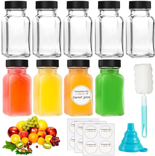 Nadisean 9Pcs 2.37oz/70ml Square Ginger Shot Bottles, Mini Glass Shot Bottles with Lids, Mini Juice Bottle with Lids, Brush, Funnel, Labels, Leakproof Small glass Jars for Juice Ginger Spice