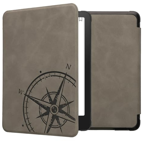 kwmobile Schutzhülle für Amazon Kindle Paperwhite (2024)/Colorsoft Hülle - eReader Case aus Kunstleder mit Auto Sleep Funktion - Kompass Vintage mit Grau