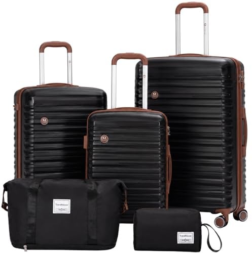 Travelhouse Ascona 5-teiliges Kofferset Schwarz, Hartschalen Reisegepäck Set mit 3 Koffern, Reisetasche & Kulturbeutel, Polycarbonat, 360° Rollen, Teleskopgriff, Packriemen