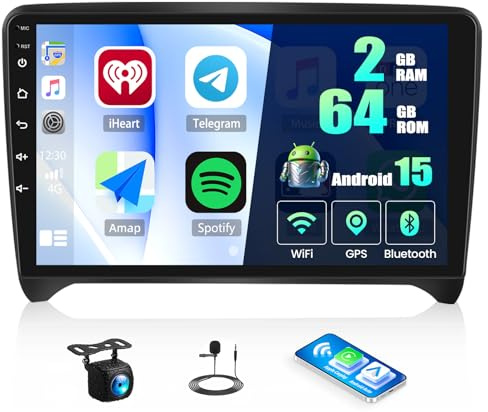 Zomolither 2G+64G Android 15 Car Stereo Radio for Audi TT MK2 8J 2008-2014 Wireless CarPlay Android Auto Mirror Link 9 Inch Touch Screen Bluetooth GPS Sat Nav FM RDS Backup Camera WiFi
