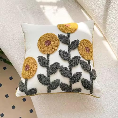 Generisch Nordic Fresh Embroidered Cushion Cover – Elegant Floral Throw Pillow Case for Sofa, Couch & Home Décor – Soft Cotton Linen Look – 45x45 cm (Sanftes Beigegelb)