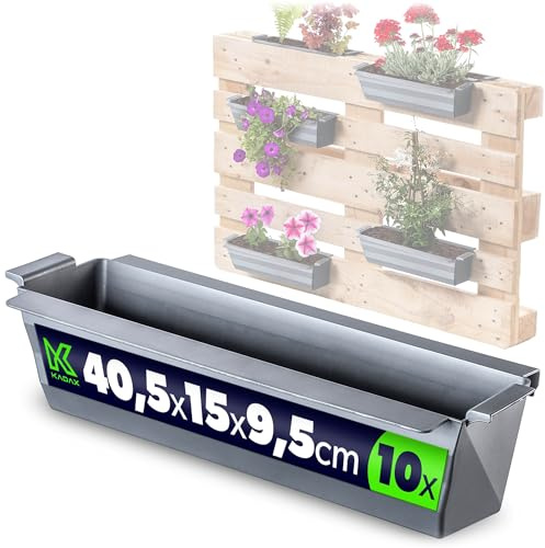 KADAX Pflanzkasten 10er Set für Paletten mit Hängesystem, 37x9 cm Silber, zum Bepflanzen & Dekorieren als Balkonkasten, Blumenkasten für Europalette, Blumentopf-Einsatz & Übertopf in Palettengärten