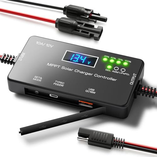 MPPT Contrôleur de charge solaire 12 V 10 A, régulateur de panneau solaire intelligent avec ports de charge USB et de type C compatible avec batterie au lithium LiFePO Gel AGM pour camping-car, bateau