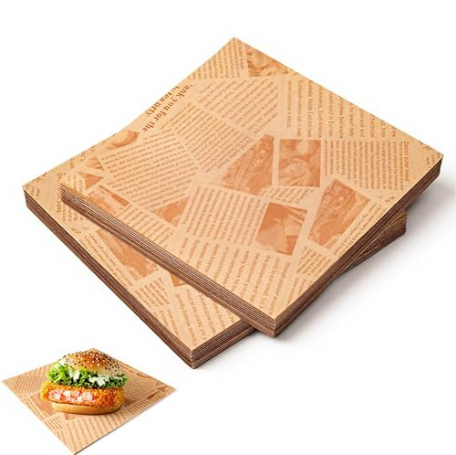 Greaseproof Paper Sheets, 200 PCS Burger Paper Sheets, 18x18cm Food Wrapping Papers Old Newspaper Printing Style Food Wrapping Papers for Burger Sandwich Fries Bread