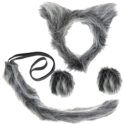 fshxj 3pcs Wolf Kostüm,Werwolf Kostüm,Cosplay Handschuhe Costume,Wolfskostüm Schwanz WolfkostüM Set,Werewolf Braun,Grau Haarreif Stulpen Wolfs Böser,Für Halloween Karneval Kinder Erwachsene