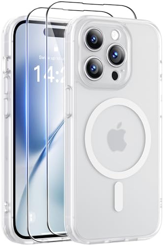 Qasyfanc Funda para iPhone 14 Pro MAX Compatible con MagSafe, Blanco | Circulo Magnetico, 2 Protector Pantalla，Protección De Cámara, Carcasa Antigolpes, Anti-Arañazos Respaldo