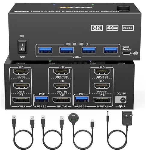 KVM Switch 2 PC 3 Monitore, KCEVE 2 HDMI + 1 DisplayPort KVM Umschalter, USB 3.0 8K@30Hz/4k@144Hz Dreifach Monitor KVM für 2 Computer, 3 Displays und 4 USB 3.0-Geräte