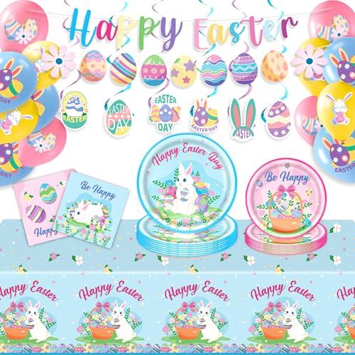 Easter Party Tableware,Happy Easter Party Supplies Set, Bunny Theme Decorations, 65 Pieces Including Dinner Plates, Dessert Plates, Napkins, Tablecloth, Balloons, Banner and Spirals