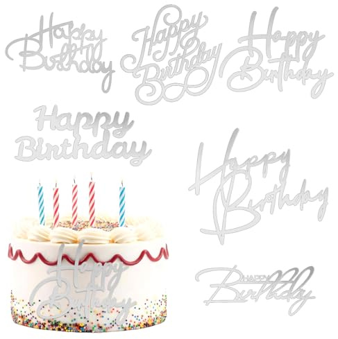 6 Stück Happy Birthday Cake Topper Tortendeko Happy Birthday Silber Acryl Cake Topper Geburtstag für Geburtstagsparty Kuchen Desserts Gebäck