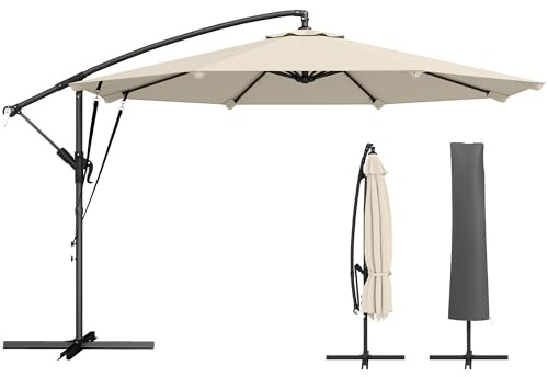Outsunny Parasol déporté d'environ 300 cm de diamètre - Inclinable - Avec manivelle - Pied en croix - Housse de protection contre les UV - Imperméable - Parasol de jardin ou de marché, blanc crème