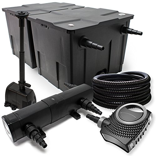 Wiltec Kit complet: CBF-350B Filtre de bassin jusqu'à 60000 L, NEO10000 pompe de filtration 10000l/h 80W, CUV-236 lampe uv 36W, 25m Tuyau 25 mm, HJ-943 fontaine 800l/h 16W