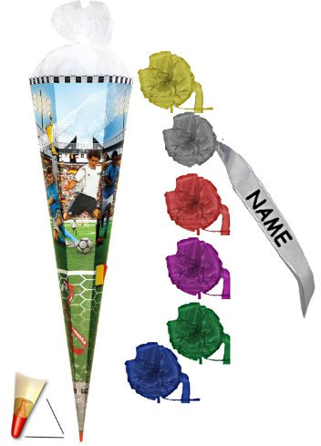 3 - D Schultüte - Soccer 70 cm - incl. individueller Schleife - mit Holzspitze/Filzabschluß und Netz - Zuckertüte Roth Fußball Fussball Tor Bälle Torwart Sp..