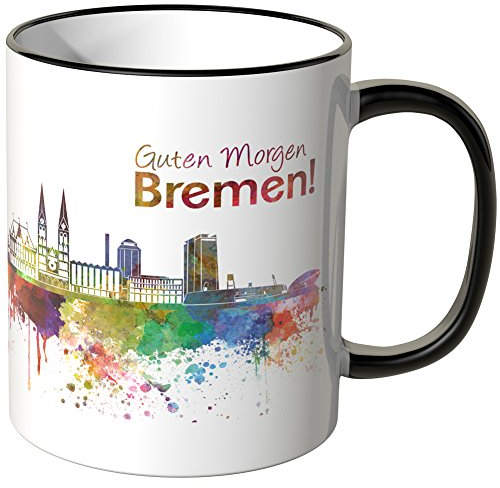 WANDKINGS® Tasse, Schriftzug Guten Morgen Bremen! mit Skyline - Schwarz, Keramik, Kaffeetasse, Rund, 0,3 l