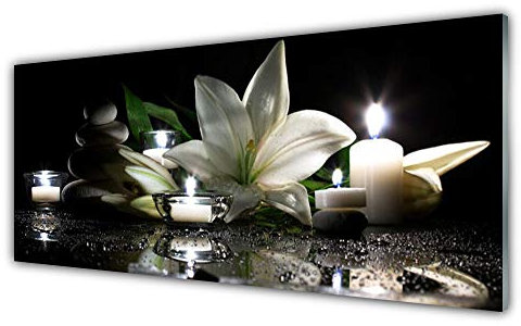 Tulup Impression sur Verre de 125x50 cm - Image - Tableau - Photo décorative panoramique - Art Pierres Bougies Fleurs