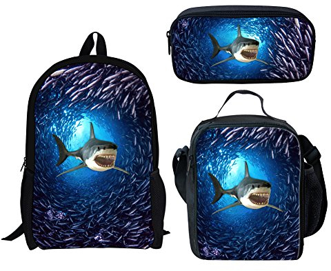 HUGS IDEA Shark - Juego de mochila escolar de 3 piezas para niños con lonchera térmica, estuche para lápices, Juego de patrones de tiburón azul, 17 inch (3PCS Set), Organizador de bolsas