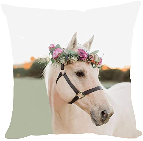 Violetpos Kissenhülle Sofa Zierkissenbezug Auto Zierkissenbezüge Kissenbezüge Kissen Weißes Pferd Und Blumen Schimmel 50 x 50 cm