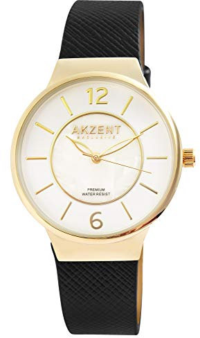 Akzent Exclusive Damen - Uhr Lederimitations Armbanduhr Dornschließe Analog Quarz 1900234 (Schwarz/Goldfarben/Weiß)