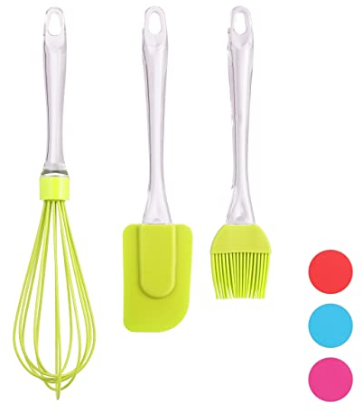 relaxdays Pennello da Forno, Set da 3 Utensili da Cucina, Pennellino, Spatola & Frusta, Teste in Silicone, Verde, Plastica