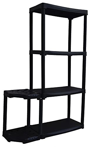 Art Plast - Étagère de Rangement 4 niveaux + Porte-Balai Noire Polypropylène Résistant Garage Buanderie