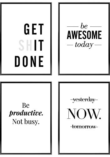 Heimlich® Premium Poster Set mit Bilderrahmen Aluminium Schwarz | 4 x DIN A4 - ca. 21x30 | Stilvolle Poster Collagen mit passenden Motiven als Wandbilder Wohnzimmer » Motivation «