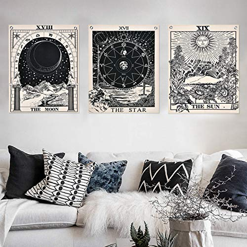 Alishomtll Tarot Wandbehang Wandteppich Set, Sonne Mond und Stern Wandtuch mit Nägel, Schwarz Weiß Baumwollleinen, 40 x 50 cm